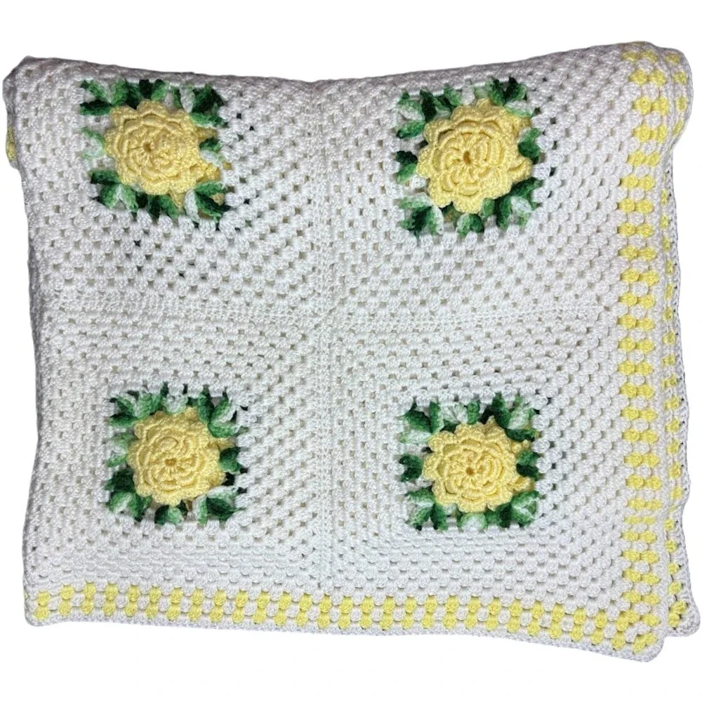 Vtg Crocheted Afghan White Yellow Flower Granny Square Blanket  58x72 Soft Throw